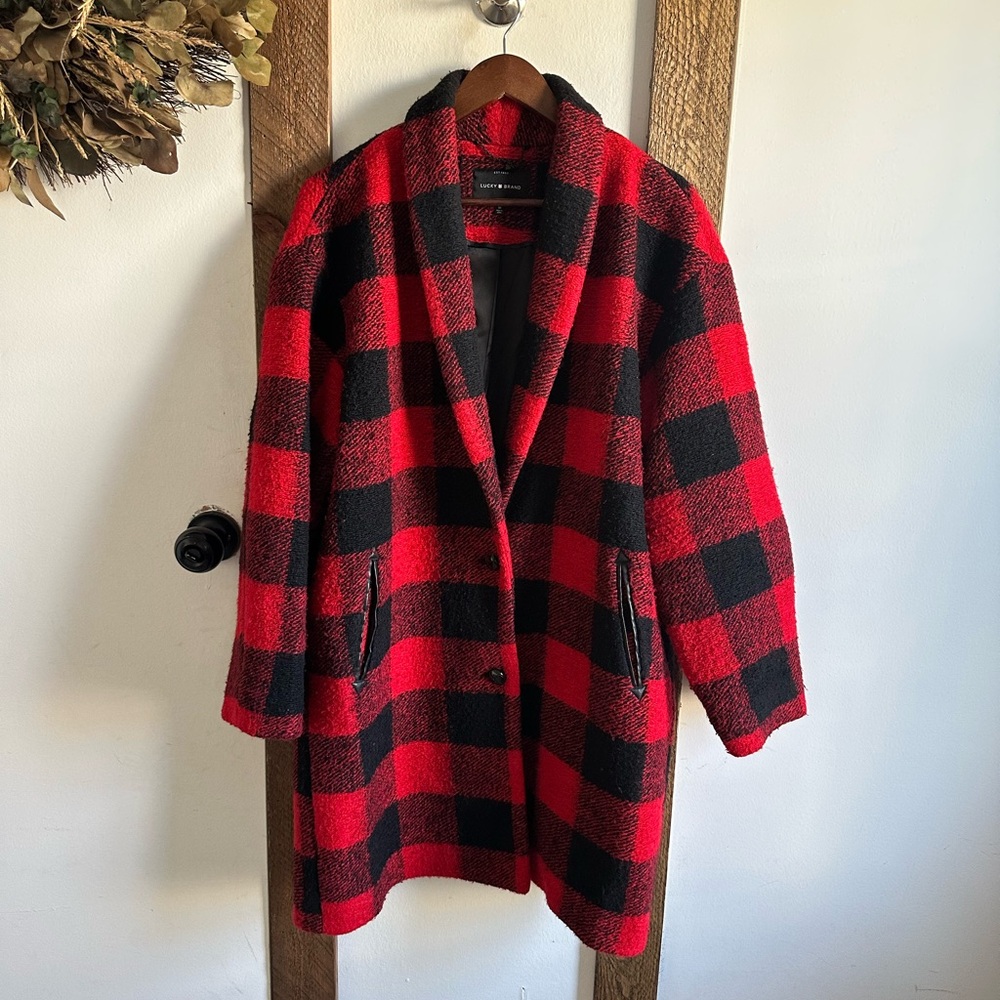 Lucky Brand Red and Black Buffalo Plaid Oversized Check Coat Size Medium Women’s